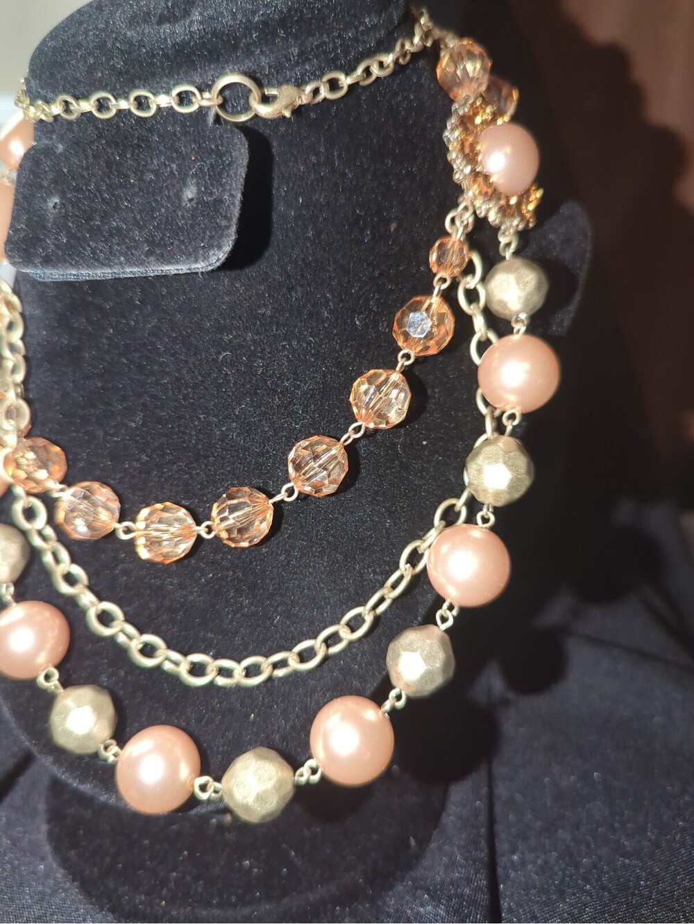 Elegant Multi-Strand Peach and Gold Beaded Necklace